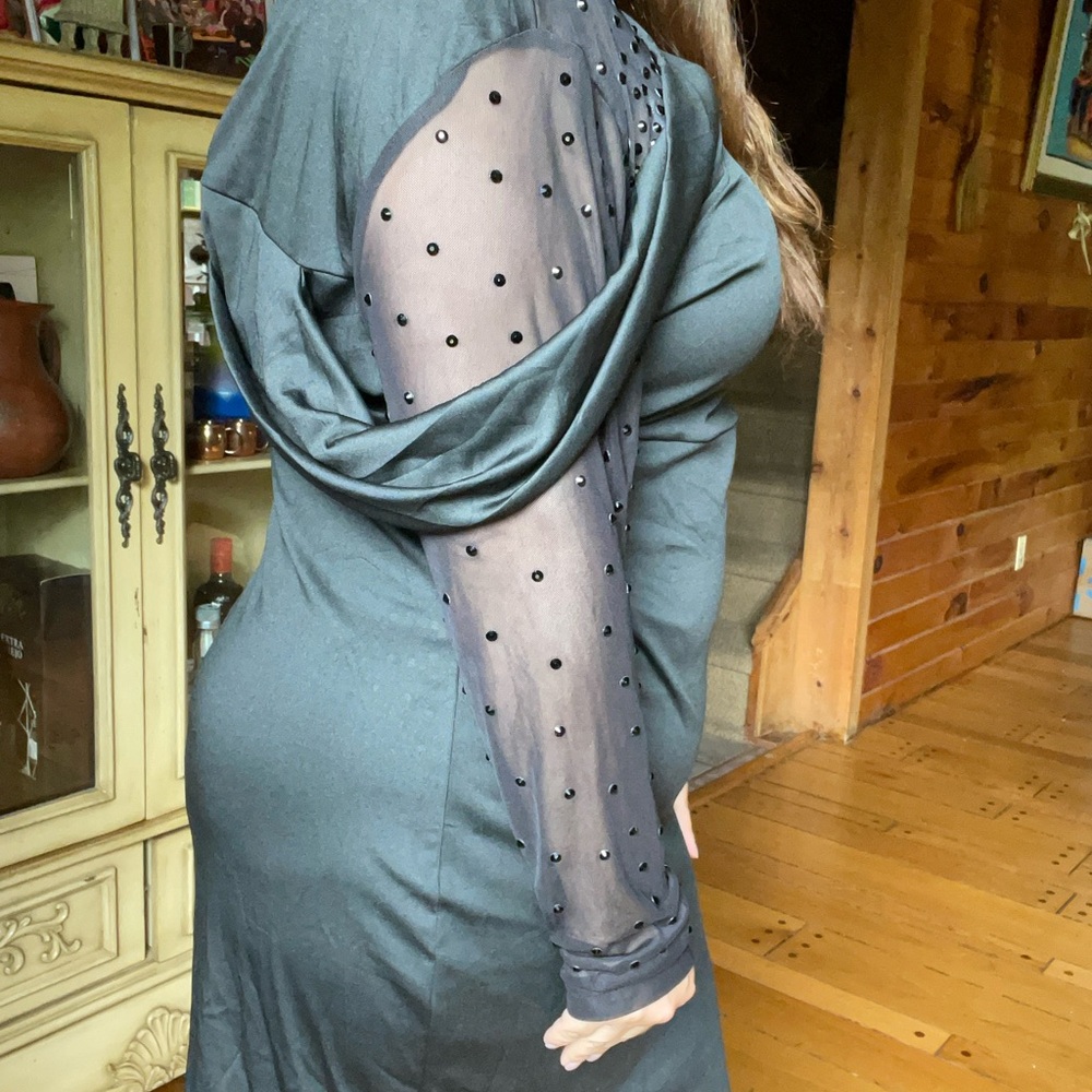 Elegant Black Dress with Sheer rhinestone  Sleeve